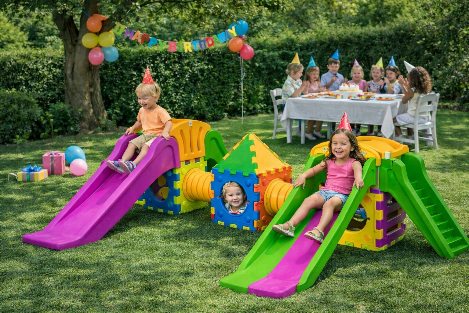 Modèle de jouet cubique M2000 – jeu modulaire avec 1 grand toboggan, 1 petit toboggan-échelle, des maisons et des cubes.