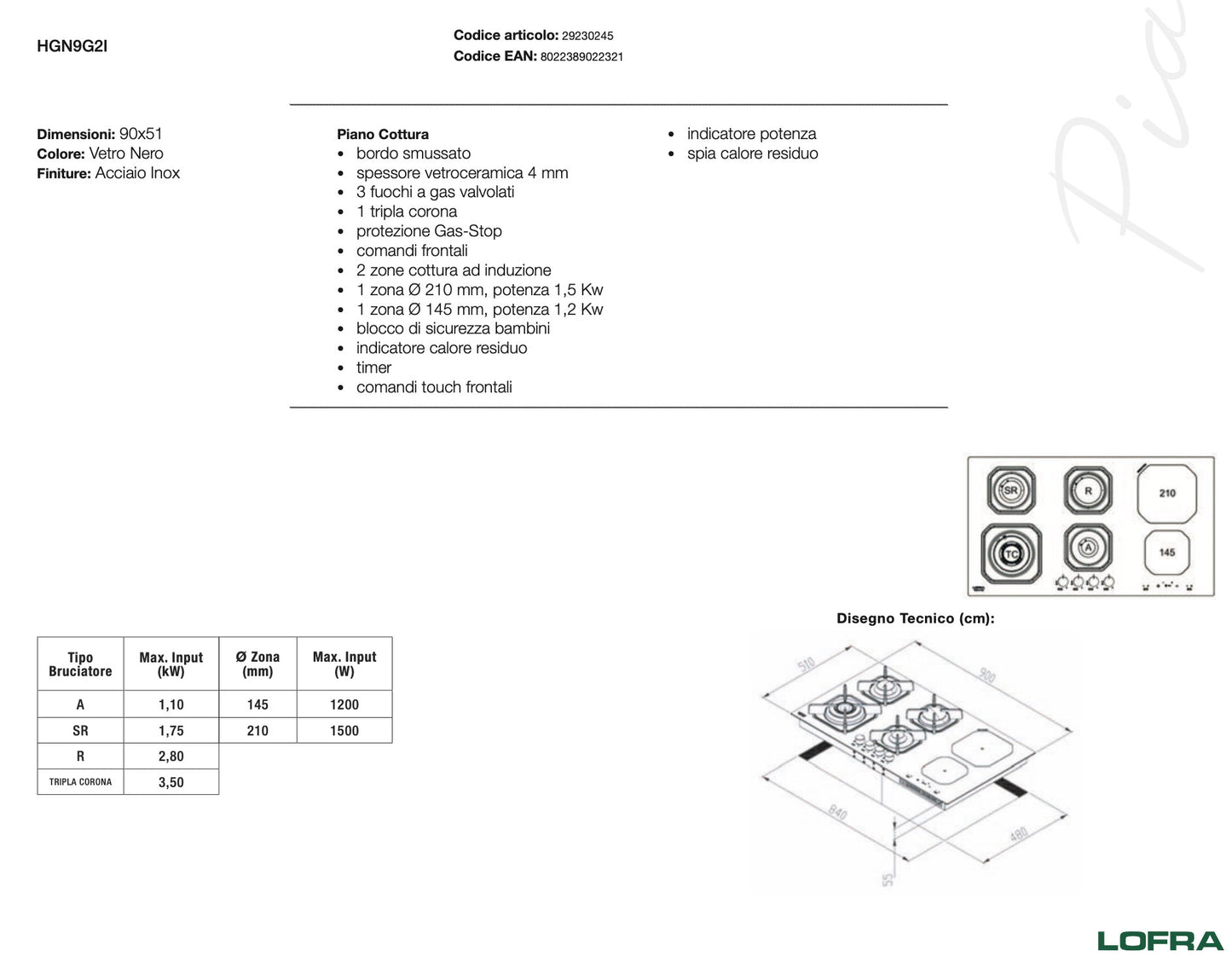 Piano Cottura Misto Gas Induzione da 90 cmLofra- HGN9G2I - Piano Cottura Induzione Offerta