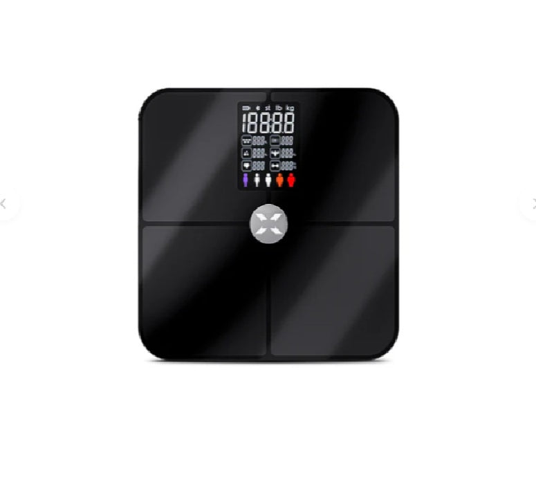 Pèse-personne intelligent X8702 avec analyse corporelle (17 paramètres) et fréquence cardiaque, contrôle via application – Noir