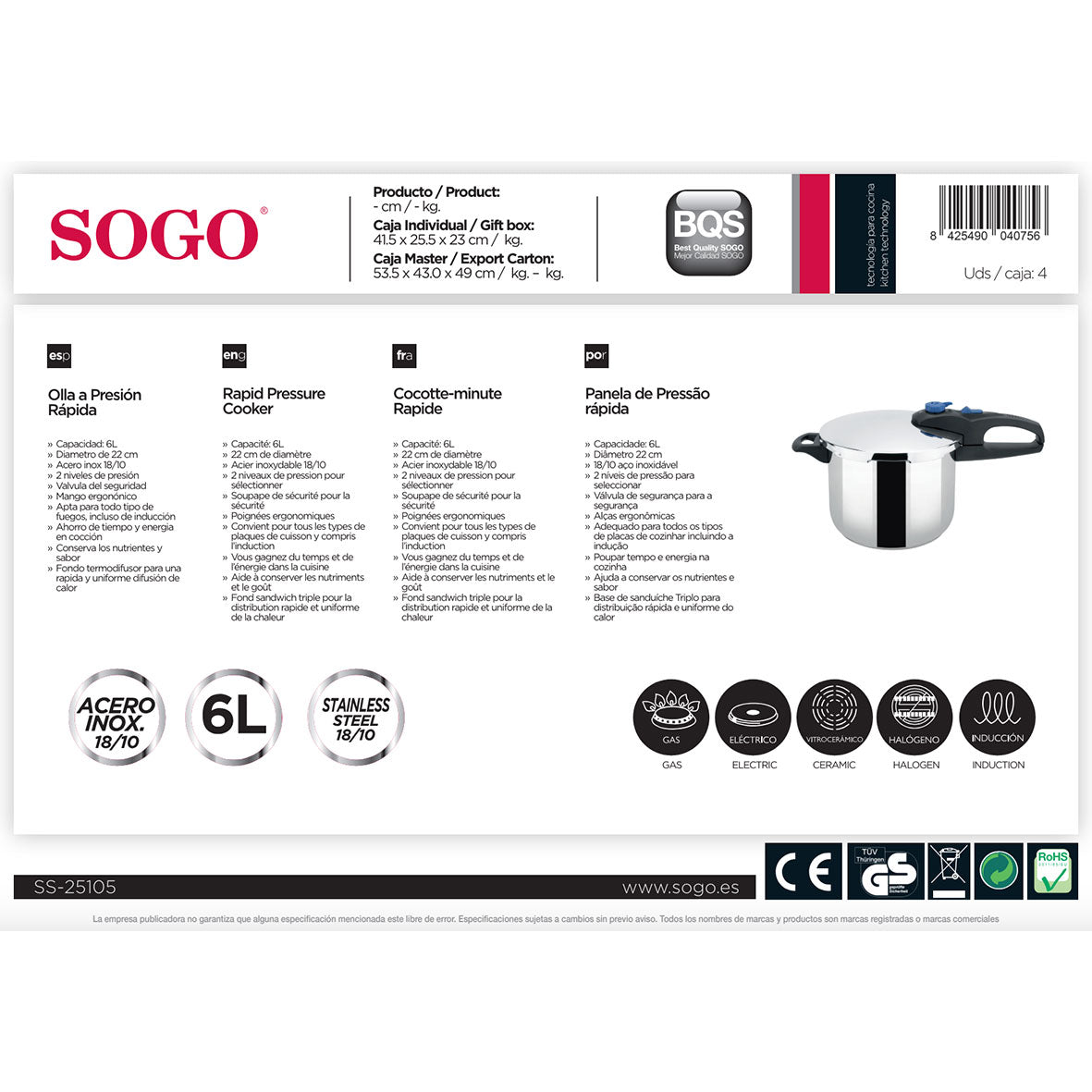 SOGO - OLL-SS-25105 - Autocuiseur - Acier inoxydable - 6 litres - 22 cm