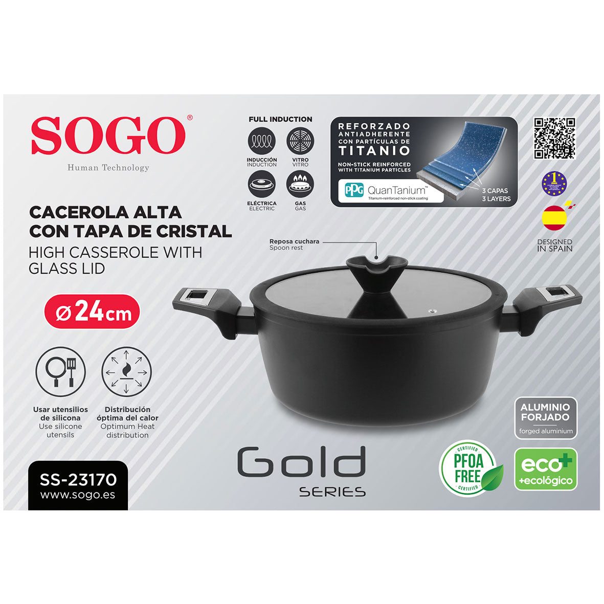 SOGO - OLL-SS-23170 - Casseruola in alluminio antiaderente - 24 cm - Coperchio in vetro - Anche per piani a induzione