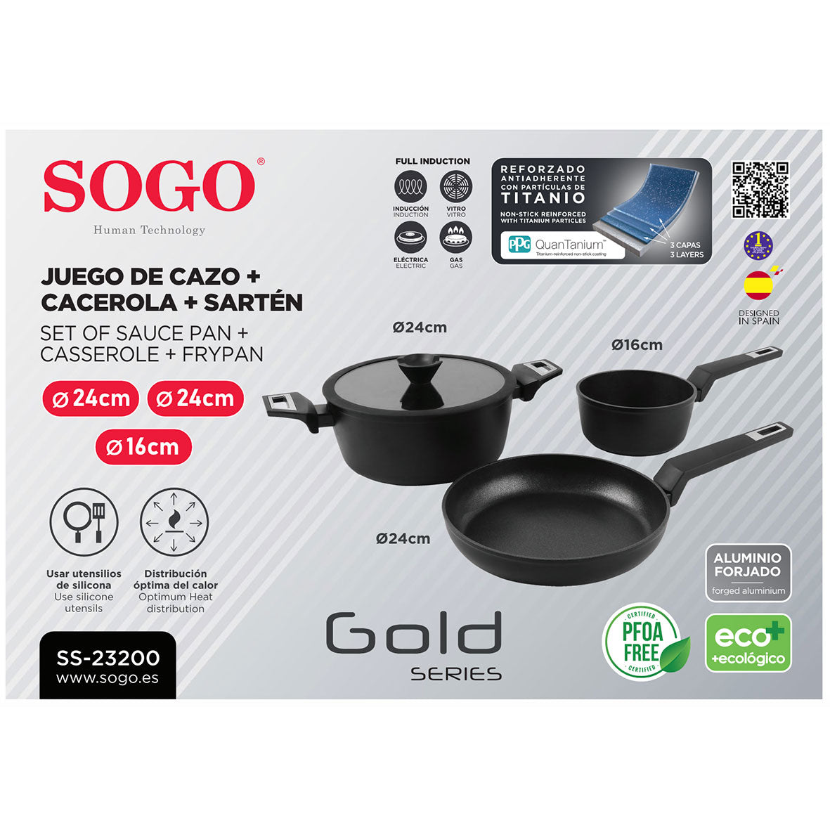 SOGO - OLL-SS-23200 - Ensemble de 2 casseroles 16 et 24 cm + poêle 24 cm. Antiadhésif avec trois couches d'aluminium. Également pour plaques à induction