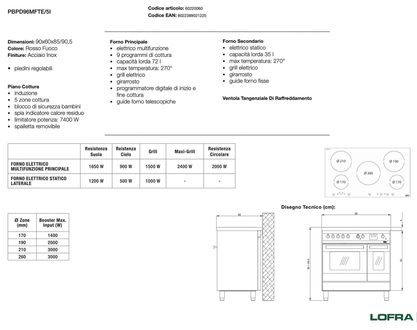 Cucina a Induzione Lofra - PRD96MFTE/5I VENEZIA - Cucina Doppio Forno- Rosso
