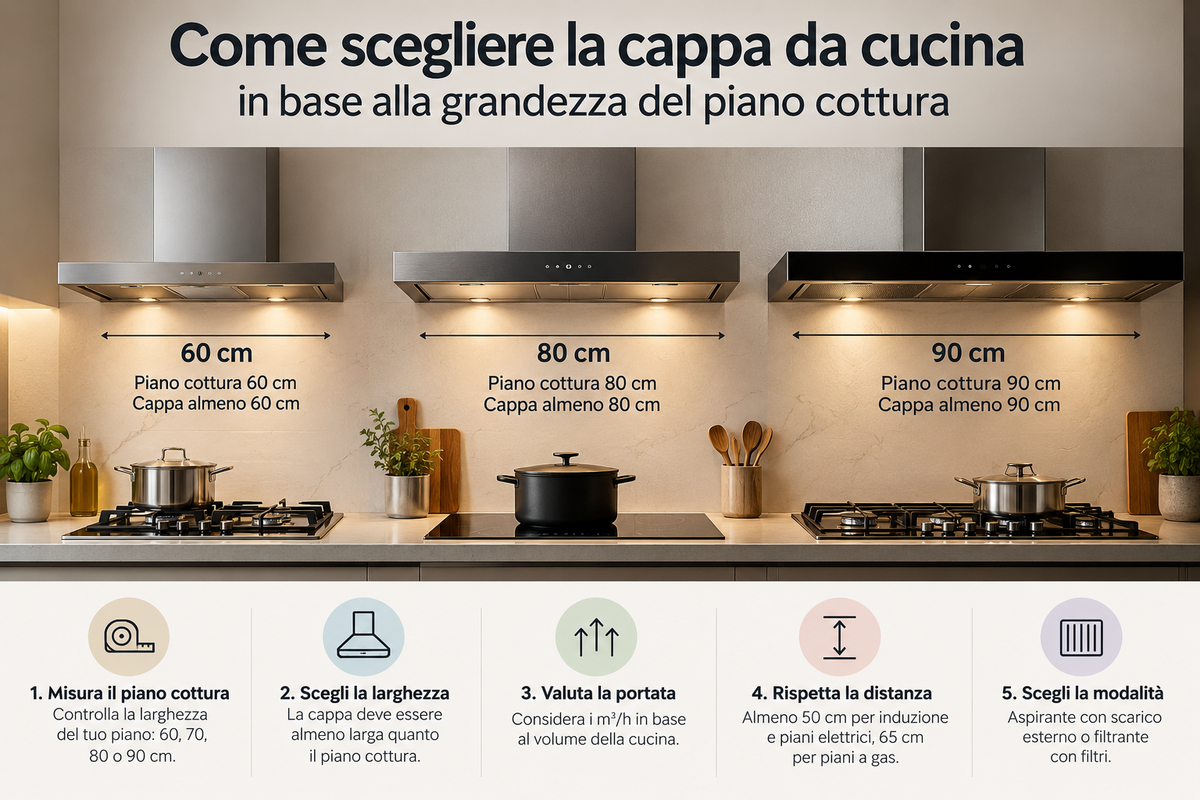 Come scegliere la cappa da cucina in base alla grandezza del piano cottura