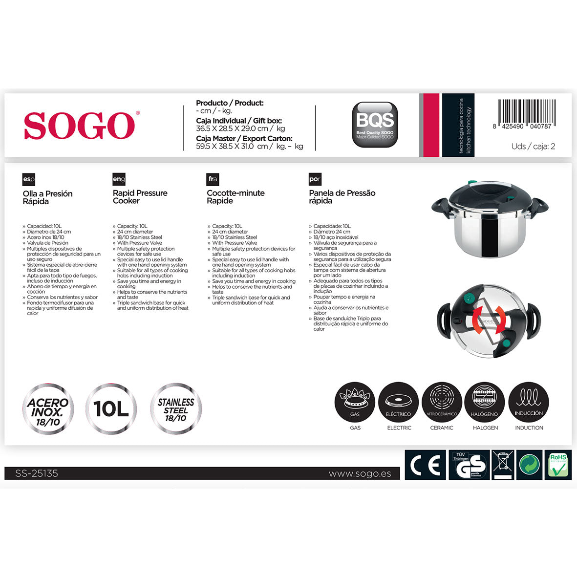 SOGO - OLL-SS-25135 - Autocuiseur - Inox 10 L - 24 cm 