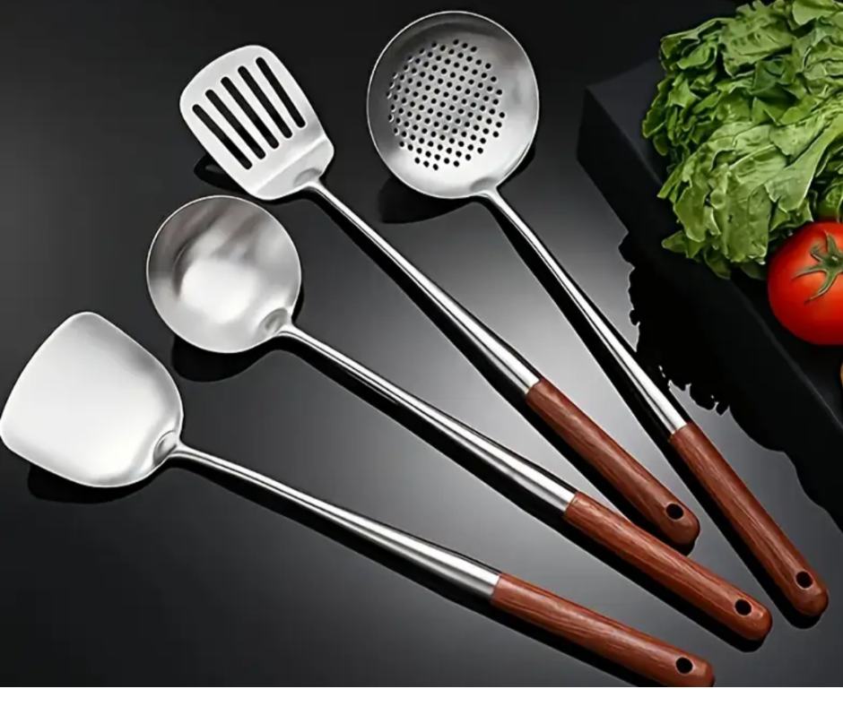 Ensemble de louches de cuisine en acier et bois (4 pièces) Acheter