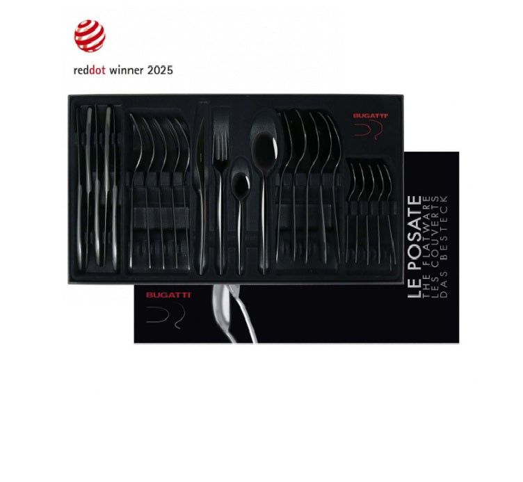 Cubiertos Bugatti Natura Black Diamond – Set de 24 piezas en Acero Inoxidable PVD Brillante.