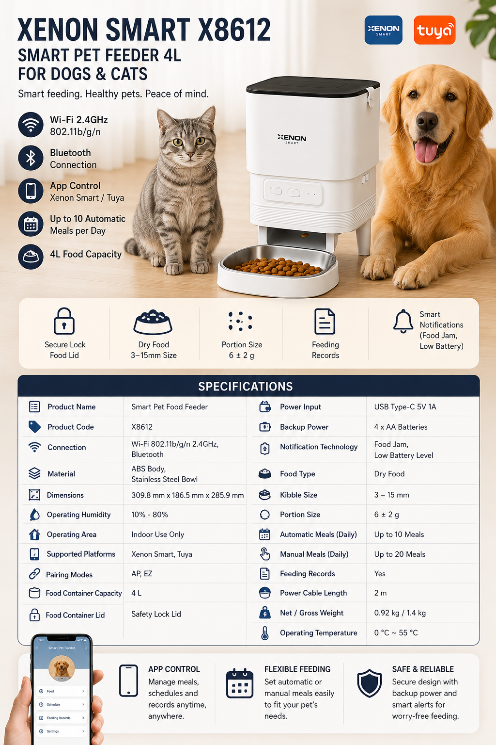 Ciotola Intelligente X8612 4L per Cani e Gatti con Wi-Fi e Backup Batterie
