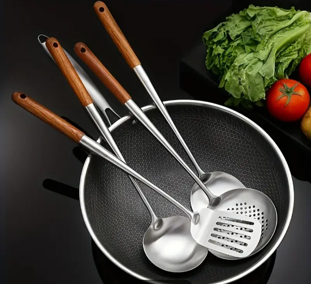 Ensemble de louches de cuisine en acier et bois (4 pièces) Acheter