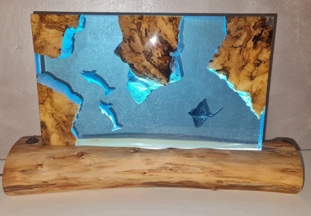 The Sea, a 50x37cm beech wood and epoxy resin lamp