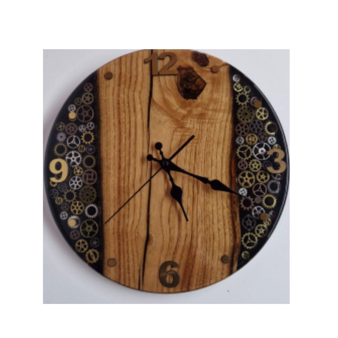 Chestnut and Epoxy Resin Clock with Gears - Diameter 35cm