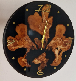 Horloge en bois d'olivier et résine époxy - Diamètre 35 cm - Noir et or - Certifiée