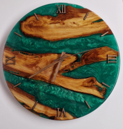 Horloge en bois d'olivier et résine époxy - diamètre 35 cm - Bleu sarcelle - Certifiée