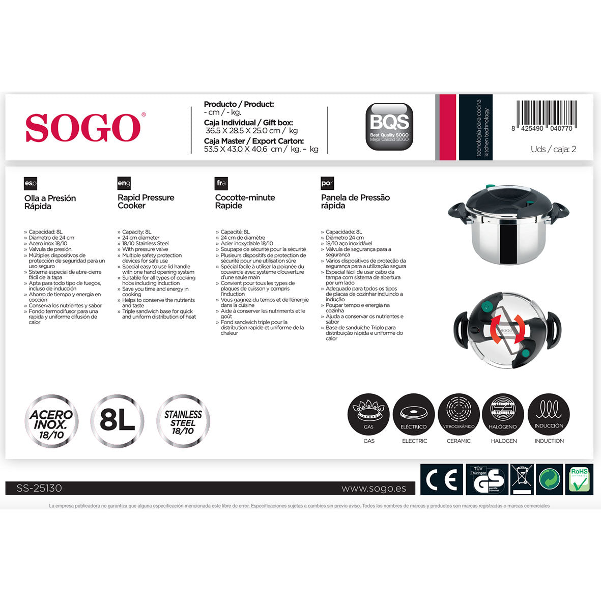 SOGO - OLL-SS-25130 - Autocuiseur - Acier inoxydable - 8 L - 24 cm 