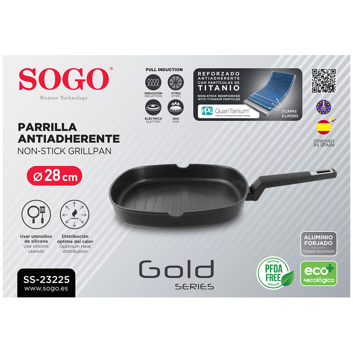 Sogo - SAR-SS-23225 - Gril antiadhésif en aluminium - 28x28 cm - Convient également aux plaques à induction 