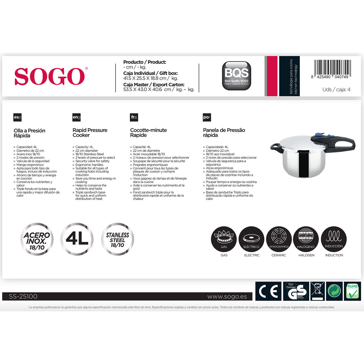 SOGO - OLL-SS-25100 - Autocuiseur en acier inoxydable - 4 litres - 22 cm 