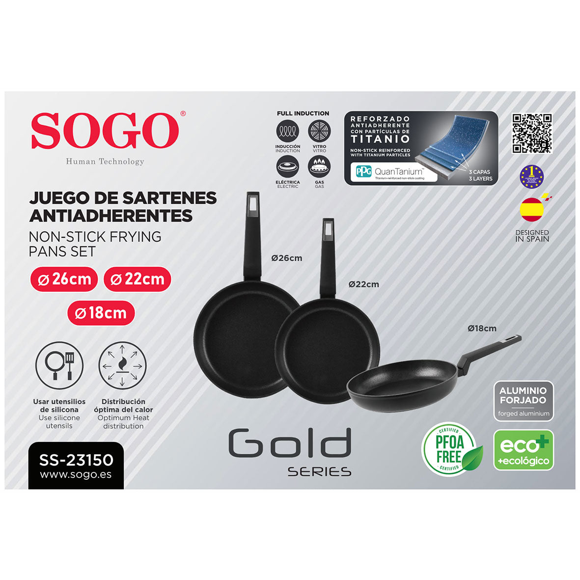 SOGO - SAR SS-23150 - Lot de 3 poêles antiadhésives - 18/22/26 cm - Convient également aux plaques à induction 