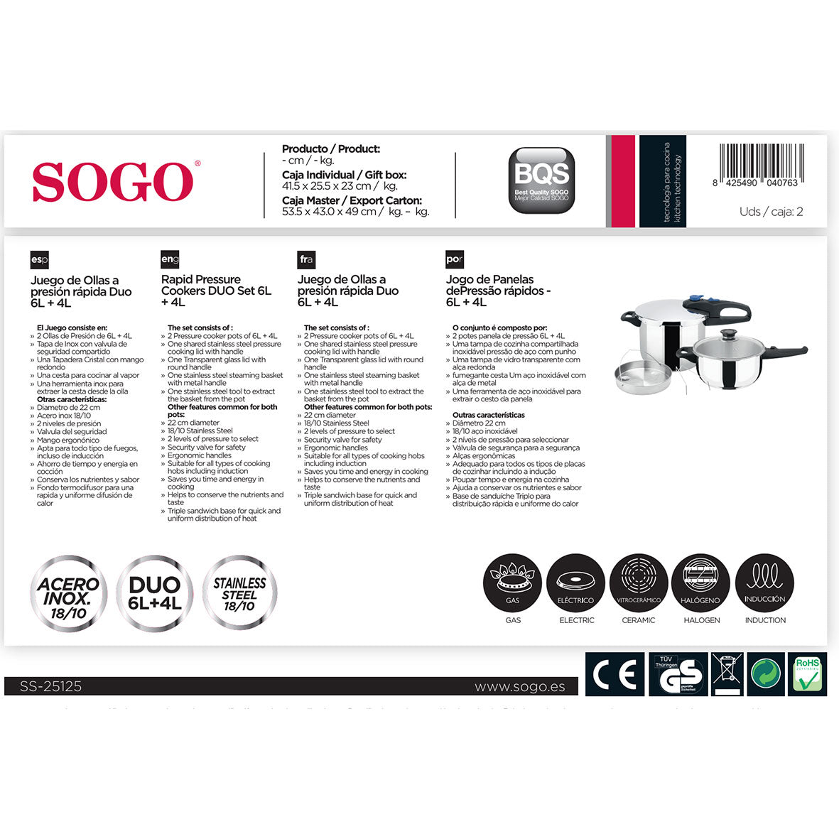 SOGO - OLL-SS-25125 - Set di 2 pentole a pressione - inox - 4 e 6 L.