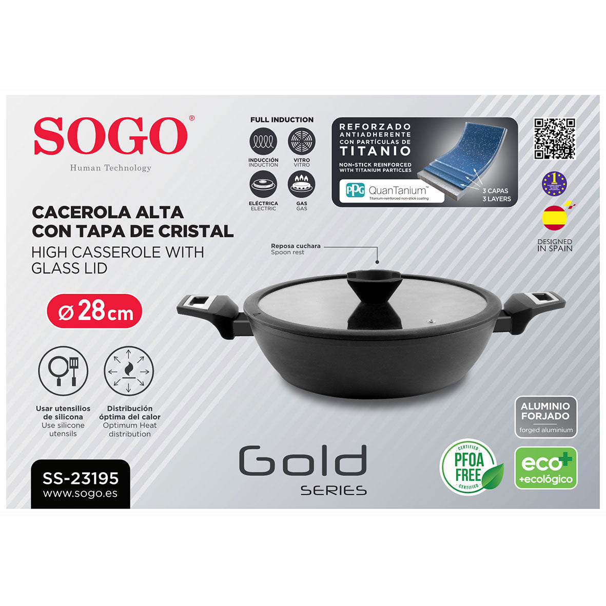 SOGO - OLL-SS-23195 - Poêle antiadhésive en aluminium - 28 cm - Couvercle en verre. Également pour plaques à induction
